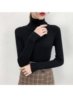 Outzidr - Black Turtle Neck Flat Knit Top