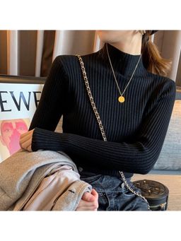 Outzidr - Black Textured High Neck Flat Knit Top