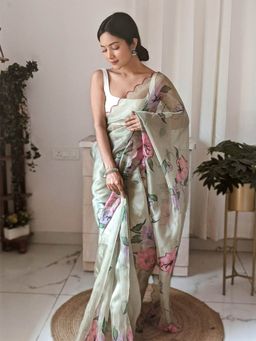 Odette - Green Printed Organza Saree with Unstitched Blouse