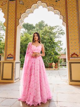 Ragavi - Tender Touch Pink Floral Printed Chiffon Top with Skirt and Dupatta (Set of 3)