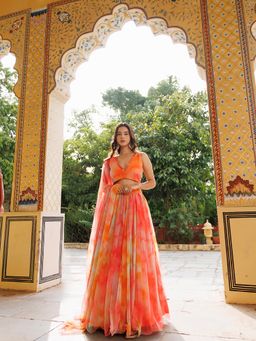 Ragavi - Amberglow Orange Pink Chiffon Top with Skirt and Dupatta (Set of 3)