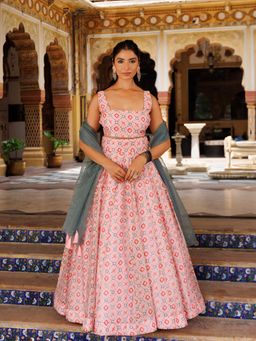 Ragavi - Seashell Peach Chanderi Top with Skirt and Dupatta (Set of 3)