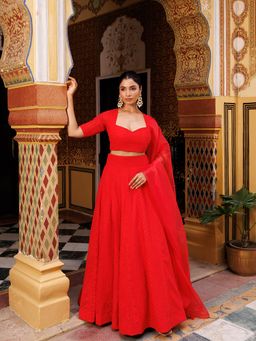 Ragavi - Fire Red Chikankari Top with Skirt and Dupatta (Set of 3)