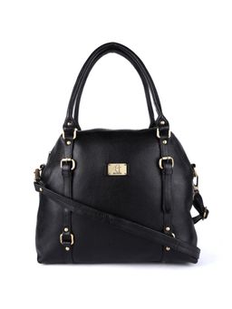 HiLEDER - Women Black Textured Natural Leather Handbag with Detachable Strap (M)