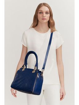HiLEDER - Women Blue Textured Leather Satchel Bag with Detachable Strap (M)