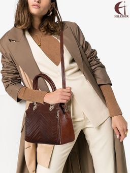 HiLEDER - Women Tan Textured Leather Satchel Bag with Detachable Strap (M)