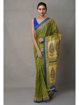 Unnati Silks - Green Pure Block Printed Cotton Saree with Unstitched Blouse