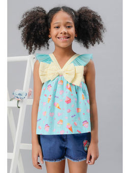 One Friday - Girls Aqua Cupcake Printed Bow Top