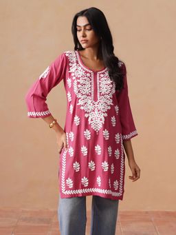 Sazrika - Blush Pink Rayon Chikankari Embroidered Comfortable Stylish Kurti