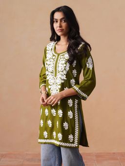 Sazrika - Olive Green Rayon Chikankari Embroidered Comfortable Stylish Kurti