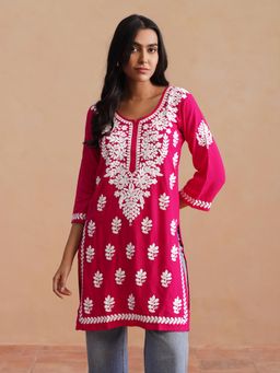 Sazrika - Pink Rayon Chikankari Embroidered Comfortable Stylish Kurti