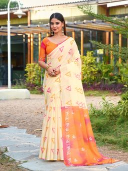 FLAHER - Cream Printed Linen Blend Printed Saree With Unstitched Blouse