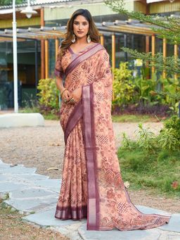 FLAHER - Peach Printed Linen Blend Printed Saree With Unstitched Blouse