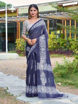 FLAHER - Navy Blue Printed Linen Blend Printed Saree With Unstitched Blouse