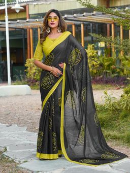 FLAHER - Charcoal Floral Linen Blend Printed Saree With Unstitched Blouse