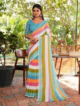FLAHER - Multi-Color Stripes Linen Blend Printed Saree With Unstitched Blouse