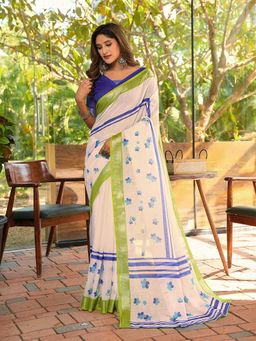 FLAHER - Off White Floral Linen Blend Printed Saree With Unstitched Blouse