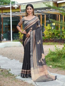FLAHER - Charcoal Floral Linen Blend Printed Saree With Unstitched Blouse