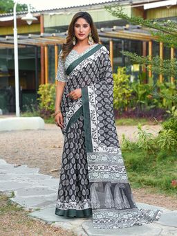 FLAHER - Black Printed Linen Blend Printed Saree With Unstitched Blouse
