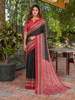 FLAHER - Black Printed Linen Blend Printed Saree With Unstitched Blouse