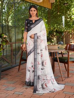FLAHER - White Floral Linen Blend Printed Saree With Unstitched Blouse