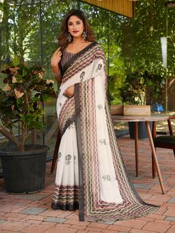 FLAHER - White Floral Linen Blend Printed Saree With Unstitched Blouse