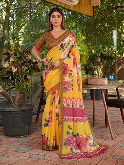 FLAHER - Mustard Floral Linen Blend Printed Saree With Unstitched Blouse