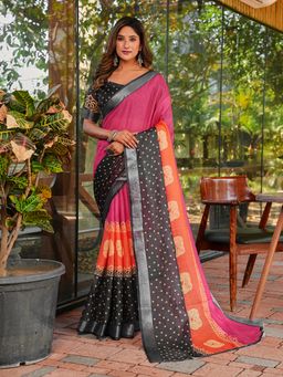 FLAHER - Multi-Color Printed Linen Blend Printed Saree With Unstitched Blouse