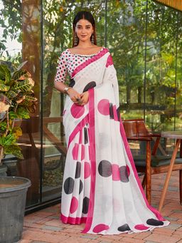 FLAHER - White Polka Dots Linen Blend Printed Saree With Unstitched Blouse