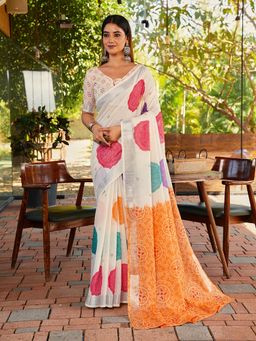 FLAHER - Off White Printed Linen Blend Printed Saree With Unstitched Blouse