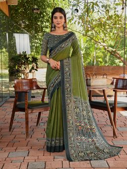 FLAHER - Olive Printed Linen Blend Printed Saree With Unstitched Blouse