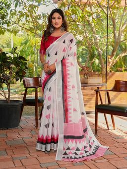 FLAHER - White Printed Linen Blend Printed Saree With Unstitched Blouse