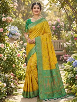 Sutriti - Yellow Woven Banarasi Soft Silk Kanjivaram Silk Blend Saree With Unstitched Blouse