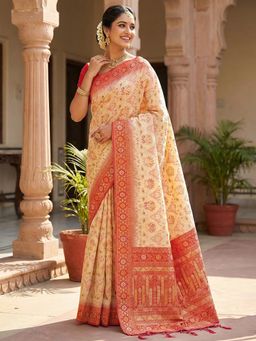 Sutriti - Cream Woven Banarasi Soft Silk Kanjivaram Silk Blend Saree With Unstitched Blouse
