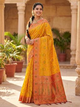 Sutriti - Mustard Woven Banarasi Soft Silk Kanjivaram Silk Blend Saree With Unstitched Blouse