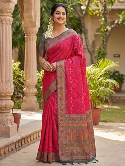 Sutriti - Pink Woven Banarasi Soft Silk Kanjivaram Silk Blend Saree With Unstitched Blouse
