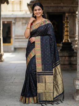 Sutriti - Midnight Black and Gold Woven Soft Silk Saree With Unstitched Blouse