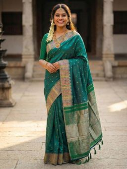 Sutriti - Bottle Green Zari Woven Banarasi Style Silk Saree With Unstitched Blouse