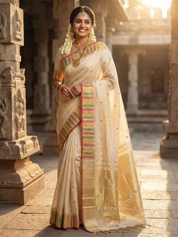 Sutriti - Cream Kerala Style Soft Silk Saree With Unstitched Blouse