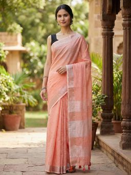 Sutriti - Elegant Peach Woven Linen Saree With Unstitched Blouse