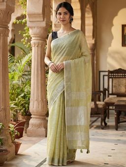 Sutriti - Elegant Olive Woven Linen Saree With Unstitched Blouse