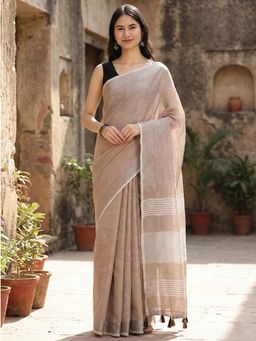 Sutriti - Elegant Brown Woven Linen Saree With Unstitched Blouse