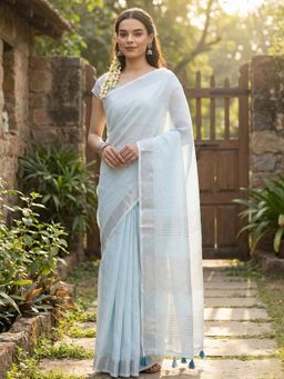 Sutriti - Elegant Sky Blue Woven Linen Saree With Unstitched Blouse