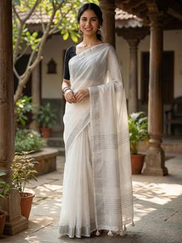 Sutriti - Elegant White Woven Linen Saree With Unstitched Blouse