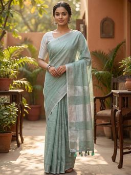 Sutriti - Elegant Sea Green Woven Linen Saree With Unstitched Blouse