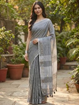 Sutriti - Elegant Dark Grey Woven Linen Saree With Unstitched Blouse