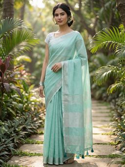 Sutriti - Elegant Turquoise Woven Linen Saree With Unstitched Blouse
