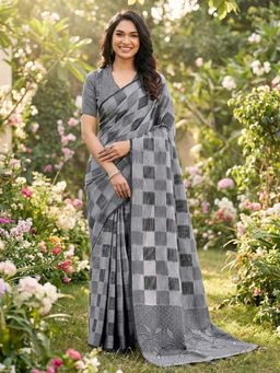 Sutriti - Women Grey and Black Checkered Linen Blend Saree With Unstitched Blouse