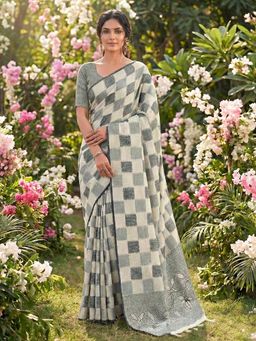 Sutriti - Women Off-White and Blue Checkered Linen Blend Saree With Unstitched Blouse