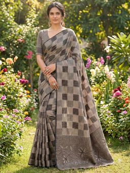 Sutriti - Women Taupe and Black Checkered Linen Blend Saree With Unstitched Blouse